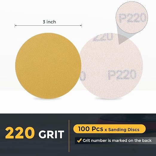 HARFINGTON 100 Pcs 3 Inch Sanding Discs 220 Grit Yellow Aluminum Oxide | Hook - Image 2