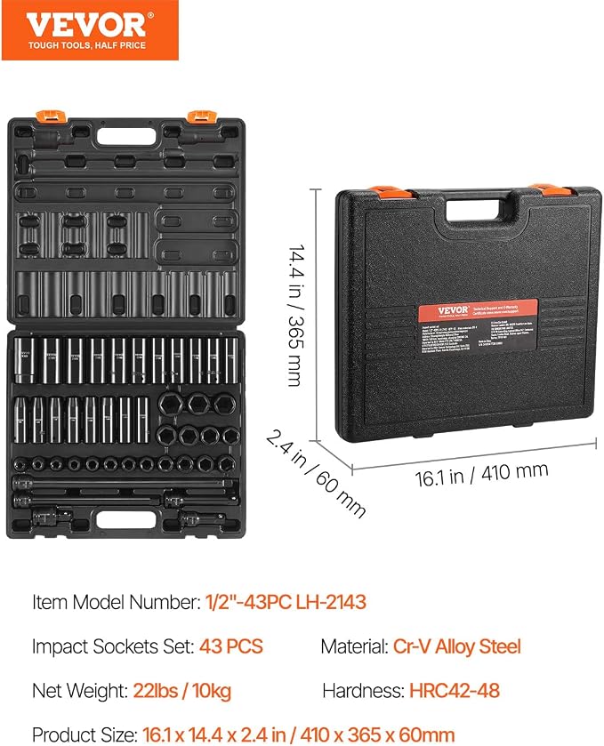 VEVOR Impact Socket Set, 1/2 Inches 43 Piece Impact Sockets, 1/2 Inches Drive - Image 7