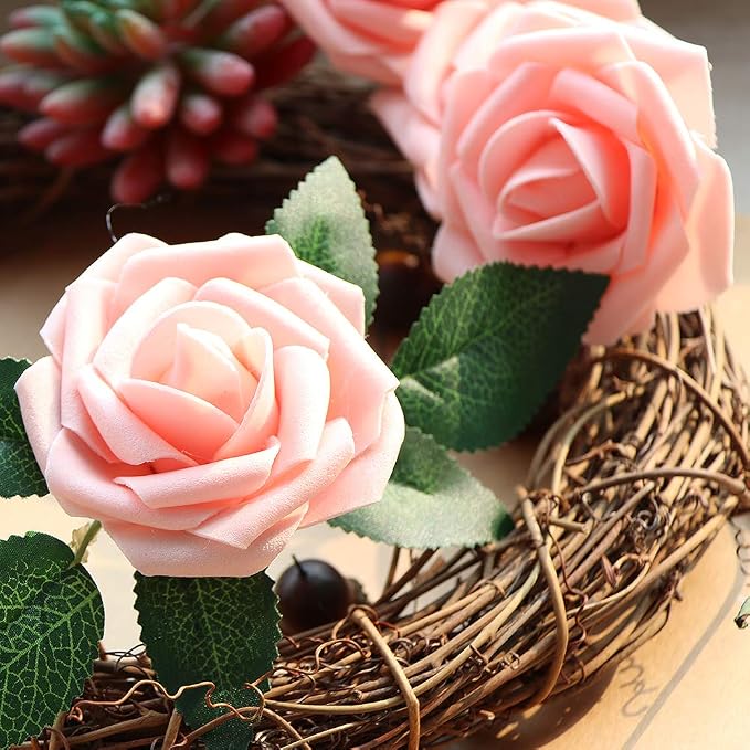 AmyHomie Pink Rose 50pcs Real Looking Artificial Flowers w/Stem | Bouquet - Image 3