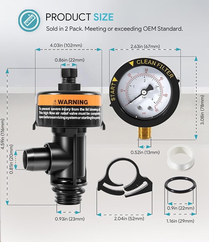 2 Pack 98209800 High Flow Manual Air Relief Valve w/Pressure Gauge Replacement - Image 7