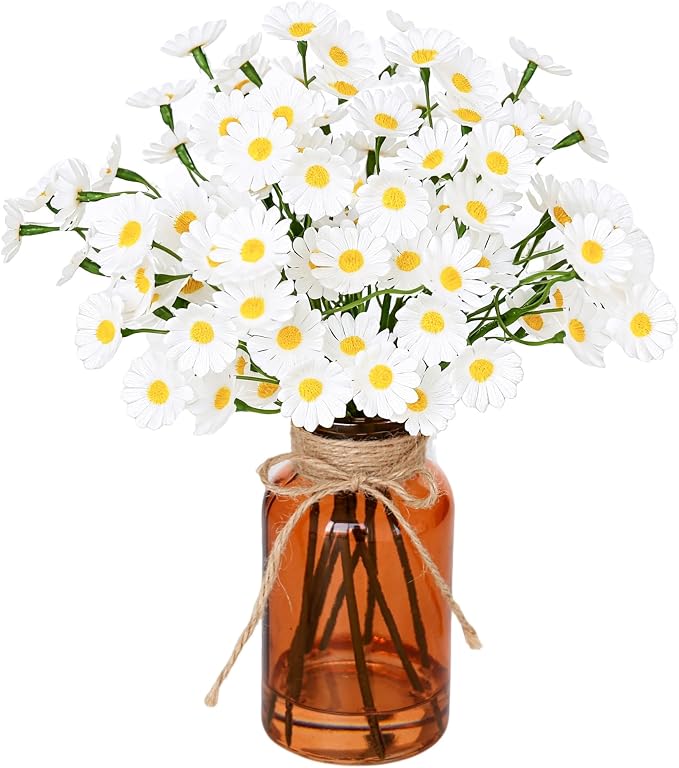 Muhanjia Artificial Daisy Flowers in Amber Glass Vase by Muhanjia