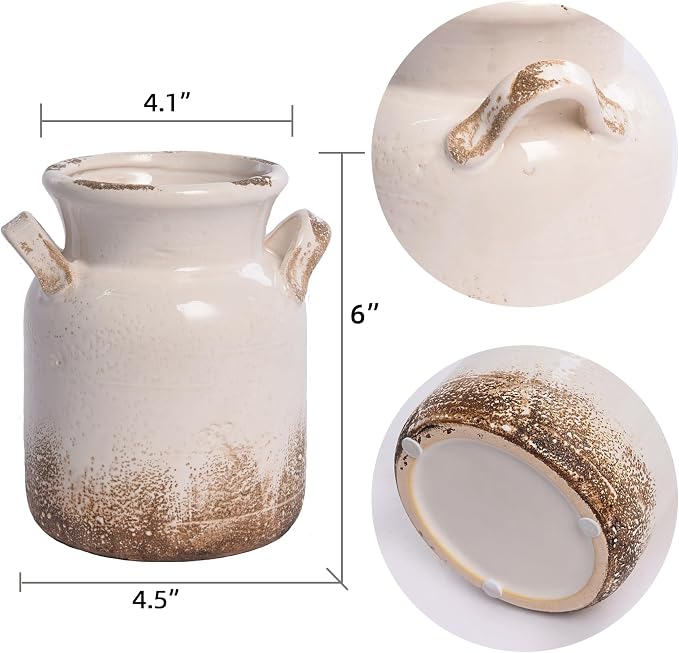 Quoowiit Ceramic Rustic Farmhouse Vase, Distressed Decorative Flower Vase - Image 2