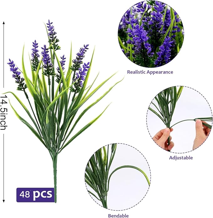 48 Bundles Artificial Lavender Flowers Outdoor UV Resistant, Realistic Plastic - Image 3