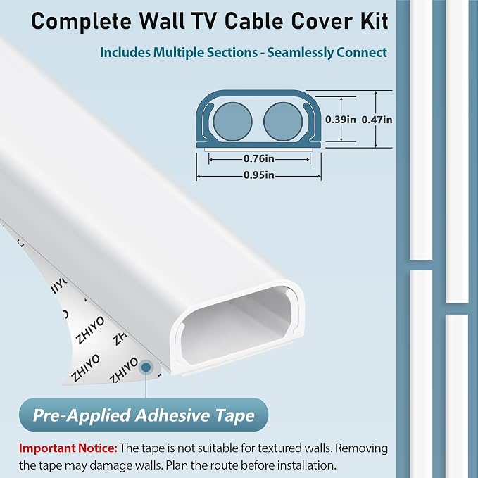 ZhiYo 73" Cord Covers for Wires on Wall, 0.95" W x 0.47" | Fits 2-3 Cords - Image 4