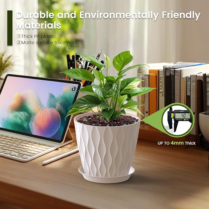 Meowell 7 inch Plant Pots for Indoor Outdoor Plants, 5 Pack Thick Nursery Pots - Image 4