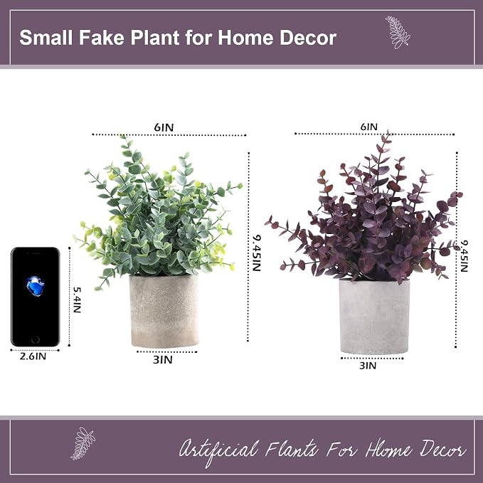 Coferset 2 Pack Small Fake Plants Eucalyptus Potted, Plum | Small Space - Image 7