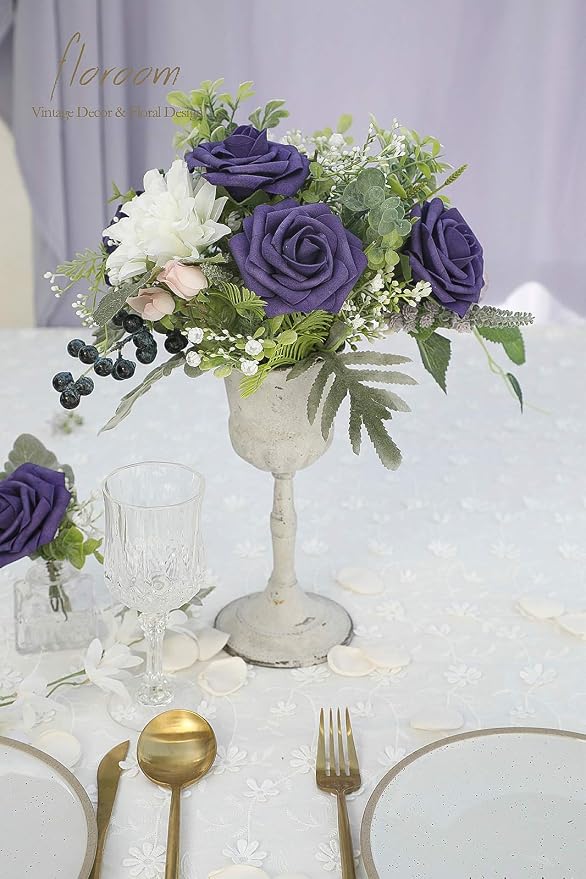 Artificial Flowers 25pcs Real Looking Violet Purple Foam Fake Roses - Image 2