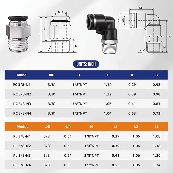1/4 Push to Connect Fittings npt Thread to 3/8 Air Line quick | Pneumatic - Image 2