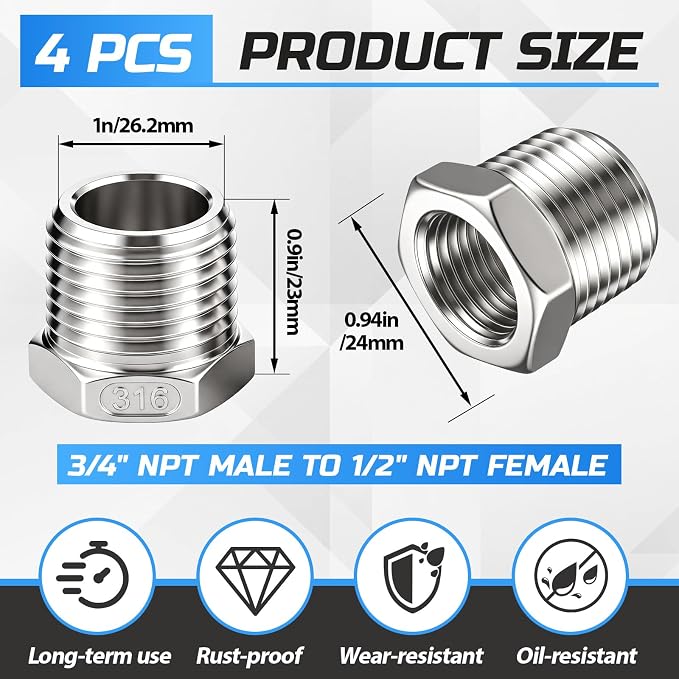 3/4" Mnpt to 1/2" Fnpt Male to Female 4 Pcs Hex Bushing Nipple Reducer - Image 2