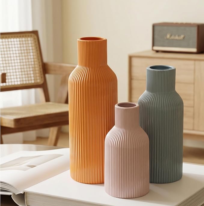 Colorful Ceramic Vases Set of 3, Smooth Round Vertical Ribbed, Minimalist - Image 5