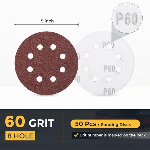 HARFINGTON 50 Pcs 5 Inch Sanding Discs 60 Grit Red Aluminum Oxide 8 Hole | Hook - Image 2