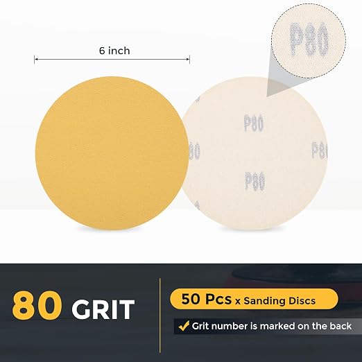 HARFINGTON 50 Pcs 6 Inch Sanding Discs 80 Grit Yellow Aluminum Oxide | Hook and - Image 2