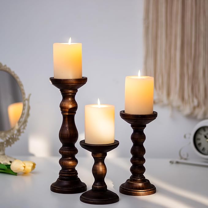 Romadedi Wood Pillar Candle Holders, Dark Brown Solid Wood, Dining Tables - Image 3