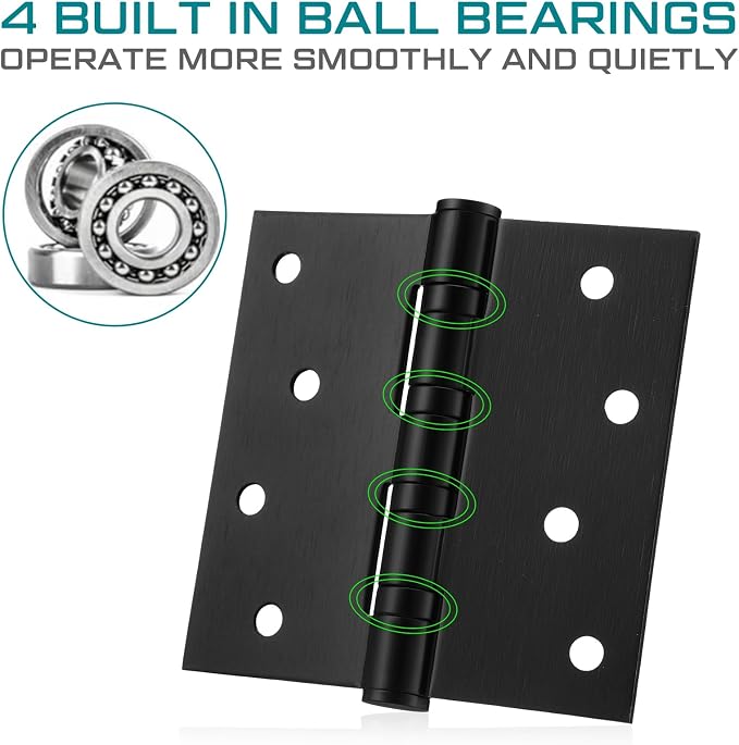 12 Pcs Black 4'' Ball Bearing Door Hinges, Square Corner | Stainless Steel - Image 5