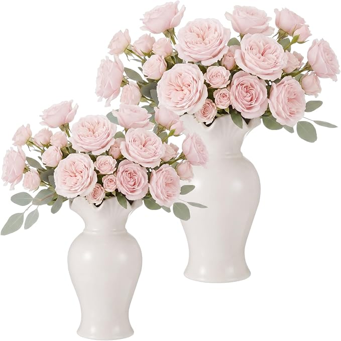2 Pack White Ceramic Vase Set Small Rustic, Classic | Decorative Flower Vases - Image 7