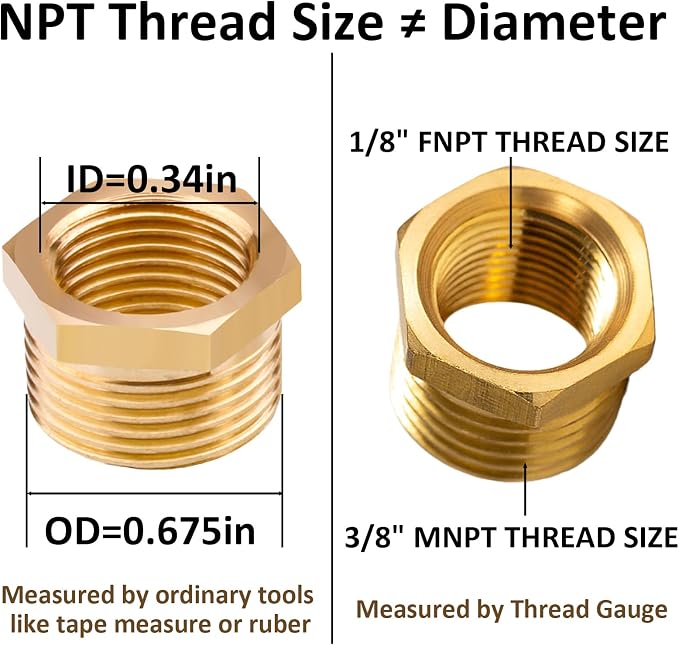 Brass Pipe Fitting Reducer Hex Bushing 3/8 NPT Male x 1/8 NPT Female Adapter - Image 4