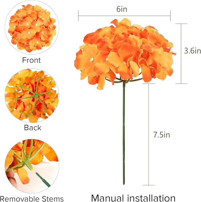 Auihiay 64Pcs Orange Hydrangea Flowers, Silk Hydrangea Artificial Flowers | - Image 3