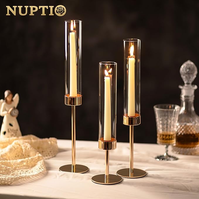 NUPTIO Hurricane Candle Holder for Candlestick: 6 Pcs Gold Taper Candlestick - Image 8