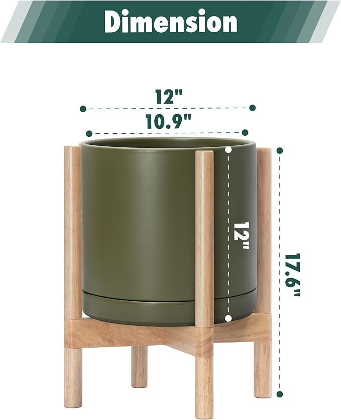 D'vine Dev Ceramic Pot with Natural Wood Stand, 12 in, 55-B-J-J | Mid-Century - Image 3