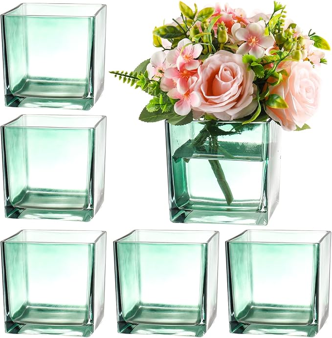 Square Green Glass Vases Set of 6, Square Vase by MARTAGE