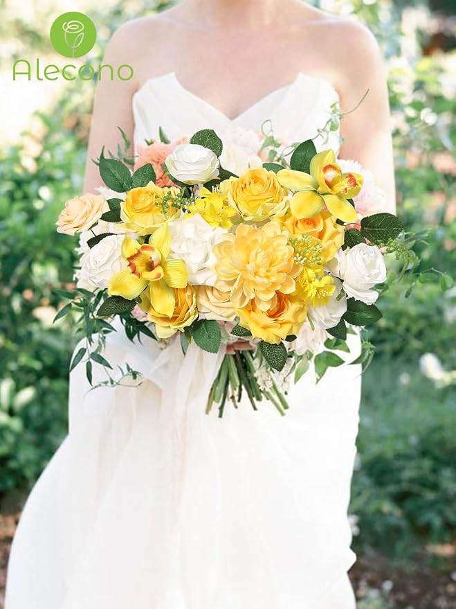 Alecono Yellow Artificial Flowers, Silk Fake Roses Floral Set | - Image 6