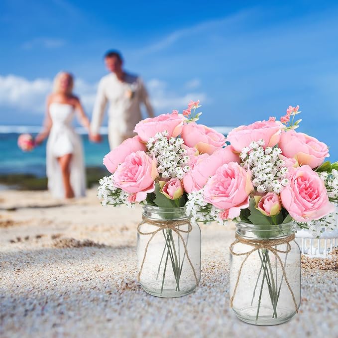 6 Sets Mason Jar Flowers Centerpiece Table Decorations, Coral Pink | Faux - Image 7