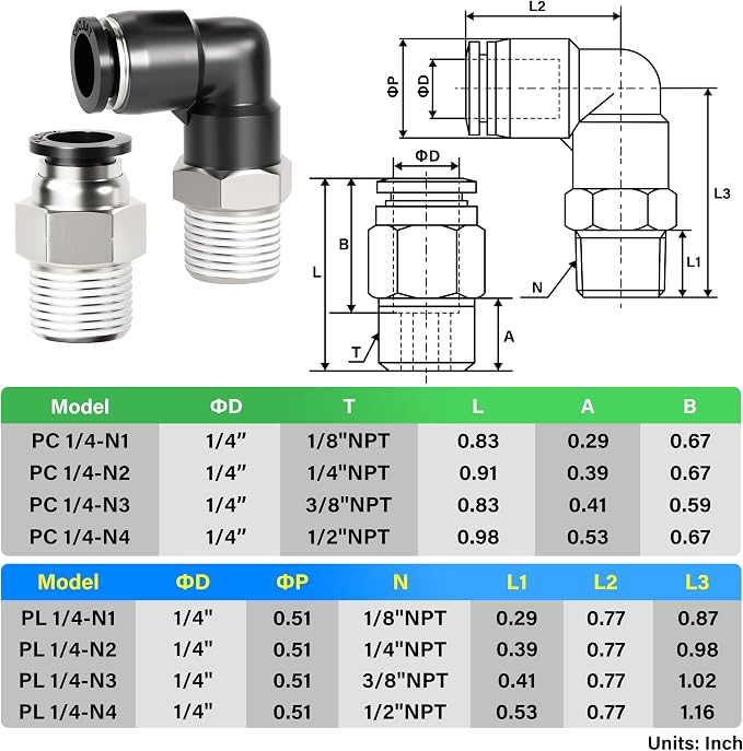 TAILONZ PNEUMATIC Elbow and Straight Combination 1/4 Inch Tube OD x 1/8 Inch - Image 2