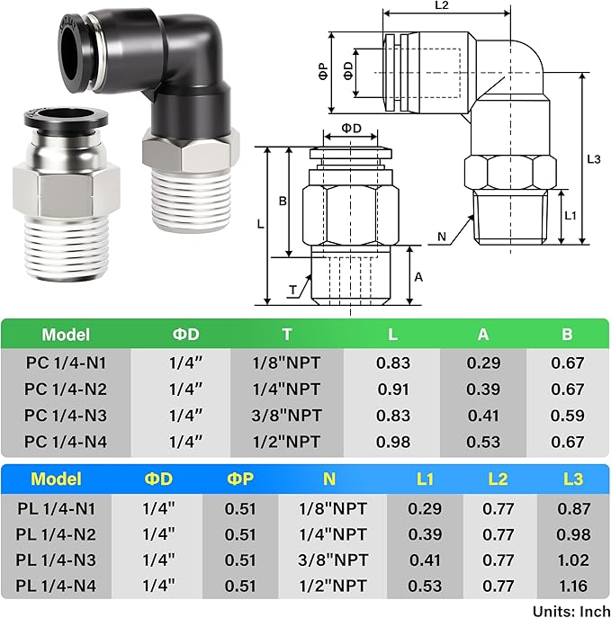 TAILONZ PNEUMATIC Elbow and Straight Combination 1/4 Inch Tube OD x 1/8 Inch - Image 2
