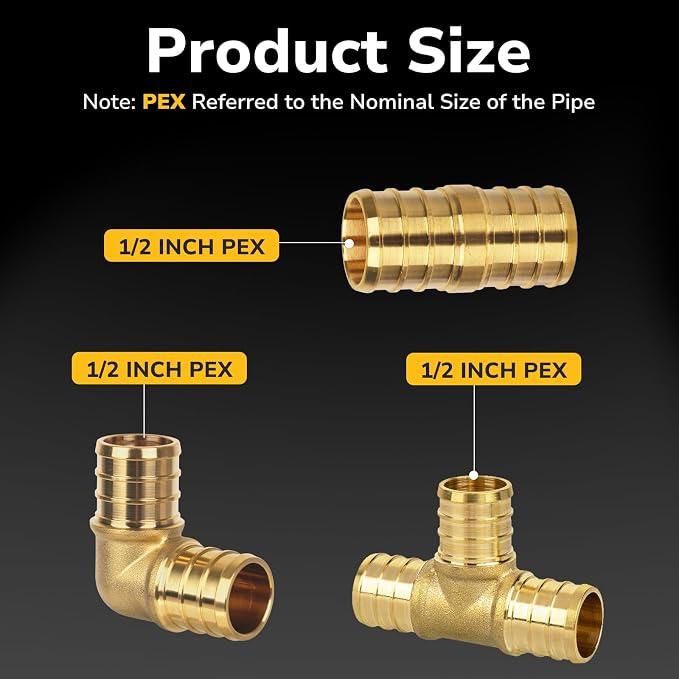 30 Pack 1/2" Pex Fittings Set, Tee and Coupling, Heavy-Duty Brass Crimp Fittings - Image 2