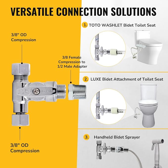 Tee Stop Valve, 3/8" × 3/8" × 3/8" or 1/2" Toilet T Connector, Angle Stop - Image 3
