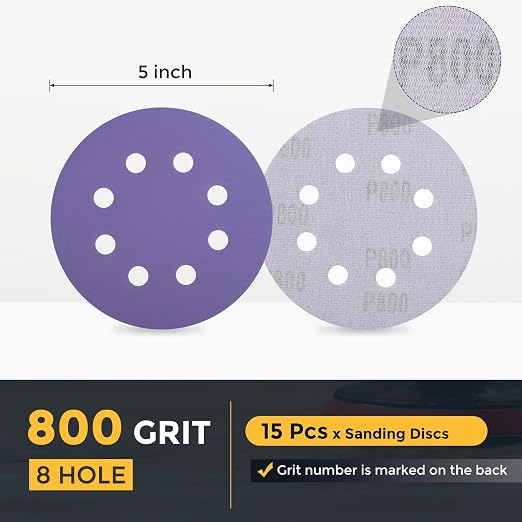 HARFINGTON 15Pcs 5Inch Sanding Disc 8 Hole 800Grit Purple Aluminum Oxide | Hook - Image 2