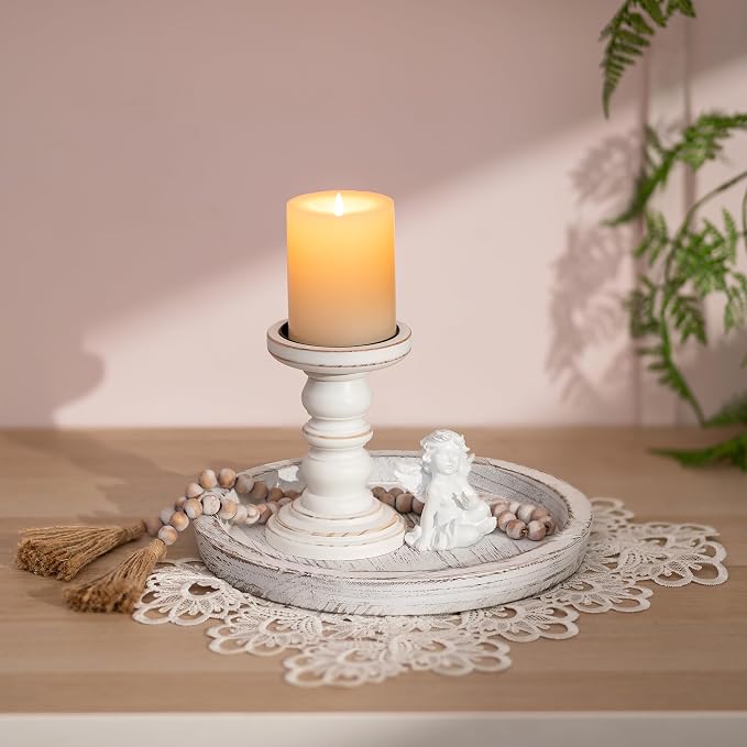 Romadedi Rustic Wooden Tray Candle Holder, Distressed White | Wood Decorative - Image 4
