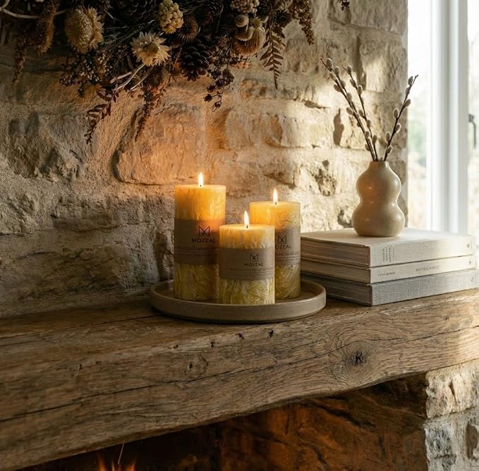MOZEAL Hand-Poured, Unscented Yellow Crystal Pillar Decorative Candles - Image 3