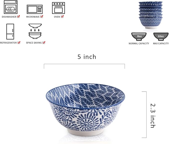 Selamica Porcelain 11oz Ice Cream Bowls Set of 6, Small Bowls, Vintage Blue | - Image 3