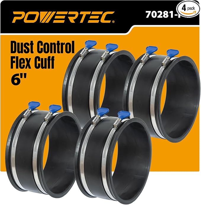 POWERTEC 6 Inch Dust Control Flex Cuff w/Adjustable Key Hose Clamps, 4 PK by POWERTEC