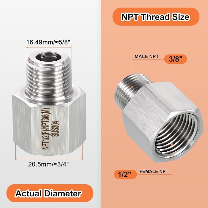 2 Pack 304 Stainless Steel FeMale to Male Adapter, 1/2" FeMale NPT x 3/8" Male - Image 2