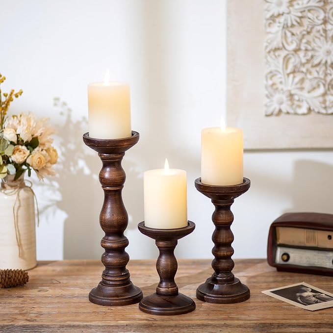Romadedi Wood Pillar Candle Holders, Dark Brown Solid Wood, Dining Tables - Image 2