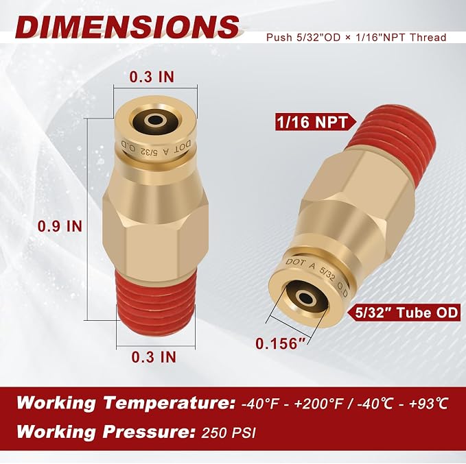 DOT Approved Male Straight Brass Union 5/32" Tube x 1/16" NPT, Quick Connect - Image 5