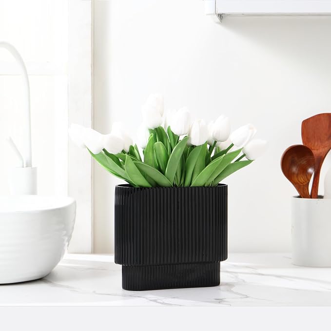 Ribbed Vase, Modern Vases for Living Room, Dining Table, 7 Inch - Image 5