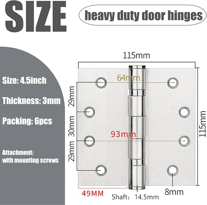 6Pcs 4.5 x 4.5 Inch Heavy Duty Door Hinges, Thickness 3 mm 304 Stainless Steel - Image 5