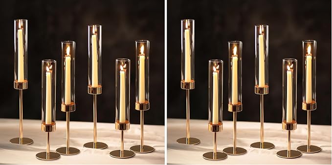 NUPTIO Hurricane Candle Holder for Candlestick: 6 Pcs Gold Taper Candlestick by Nuptio