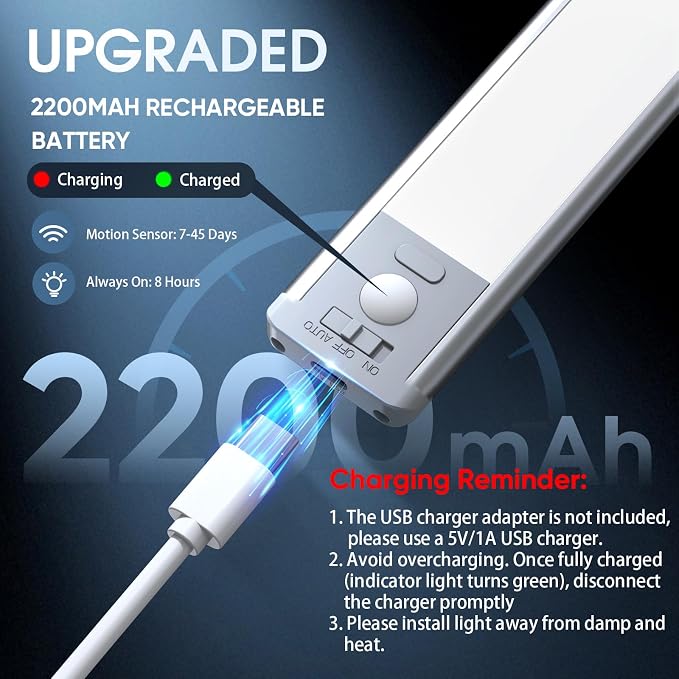 MCGOR 14.7inch Under Cabinet Lighting, 2 Pack Rechargeable Motion Sensor Light - Image 5