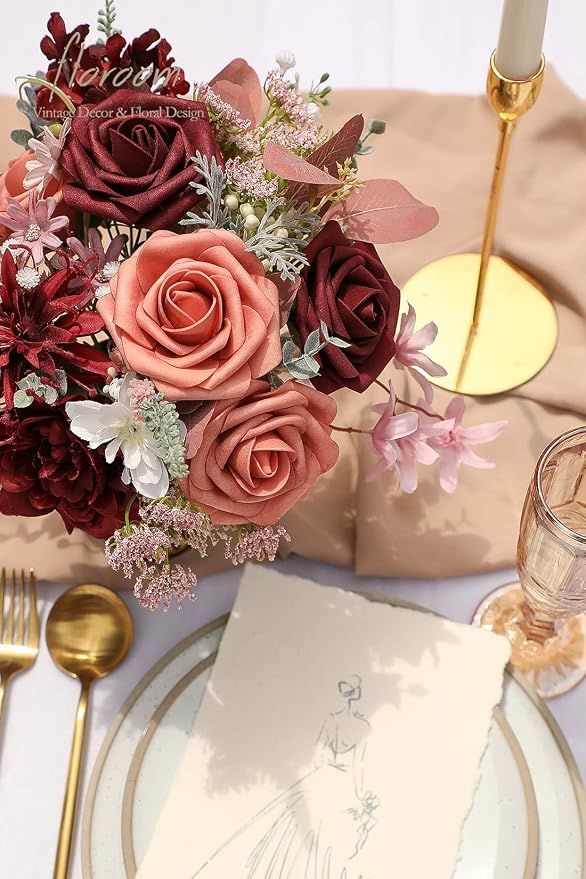 Artificial Flowers 25pcs Real Looking Burgundy & Pinky Cedar Foam Fake Roses - Image 2