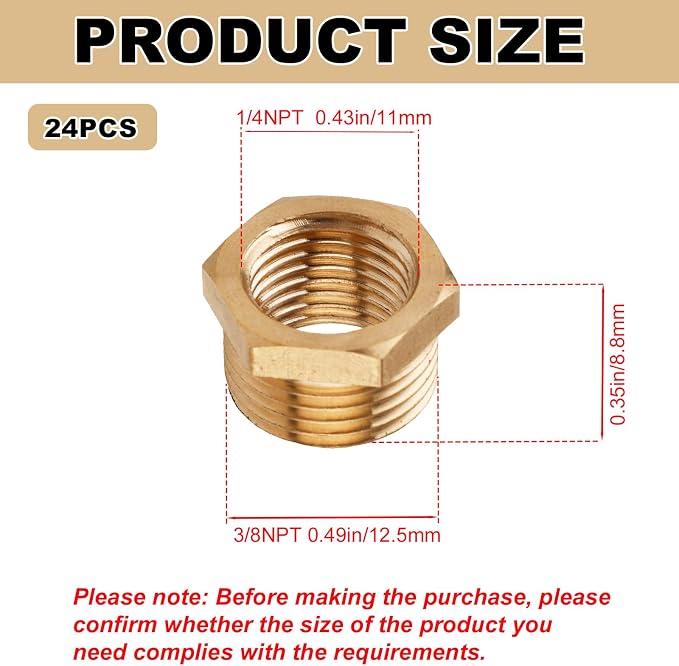 24pcs Brass Reducer Hex Bushing, 1/4 Inch to 1/8 Inch NPT Female Adapter | - Image 2