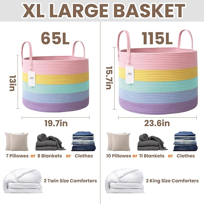 JMvicyroam 65L Extra Large Machine Washable Cotton Rope Blanket Basket | - Image 3
