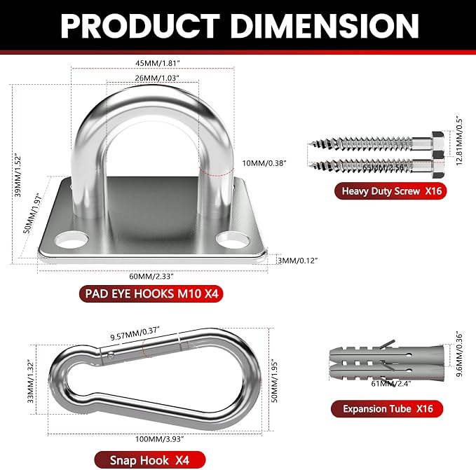 304 Stainless Steel Pad Eye Snap Hook, M10 Ceiling Hook 1700Lb, Yoga Gym - Image 4