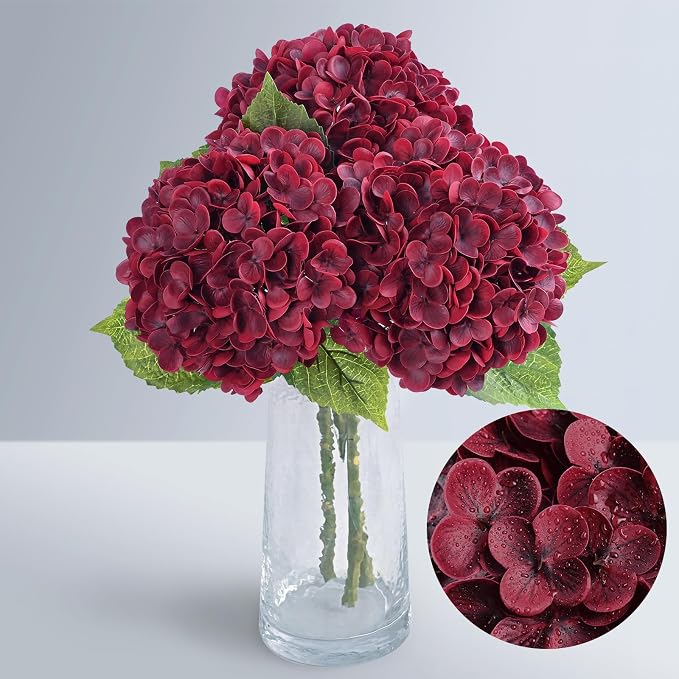 Red Burgundy Hydrangea Artificial Flowers, Faux Hydrangea Flowers, Latex - Image 4