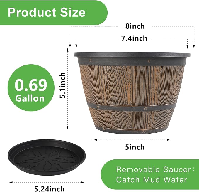 8-inch-Plant-Pots-Indoor-Outdoor, 4 Pack Whiskey Barrel Planters - Image 3