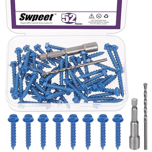 Swpeet 52Pcs 3/16" x 1-1/4" Slotted Hex Washer Head Concrete Screws Anchor by Swpeet