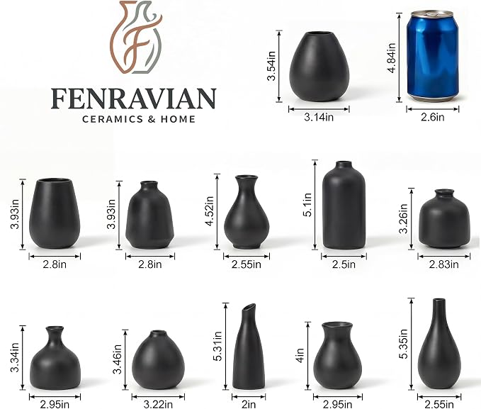 Black Bud Vases, Small Ceramic Vase Set of 11, Mini Pottery Vases - Image 2